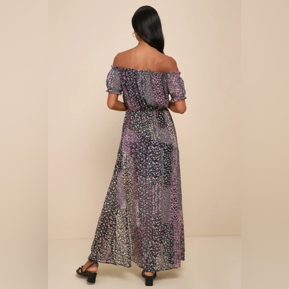 NWOT Lulu’s Neva Navy Blue Floral Print Off-the-Shoulder Maxi Dress, size L - Picture 3 of 8